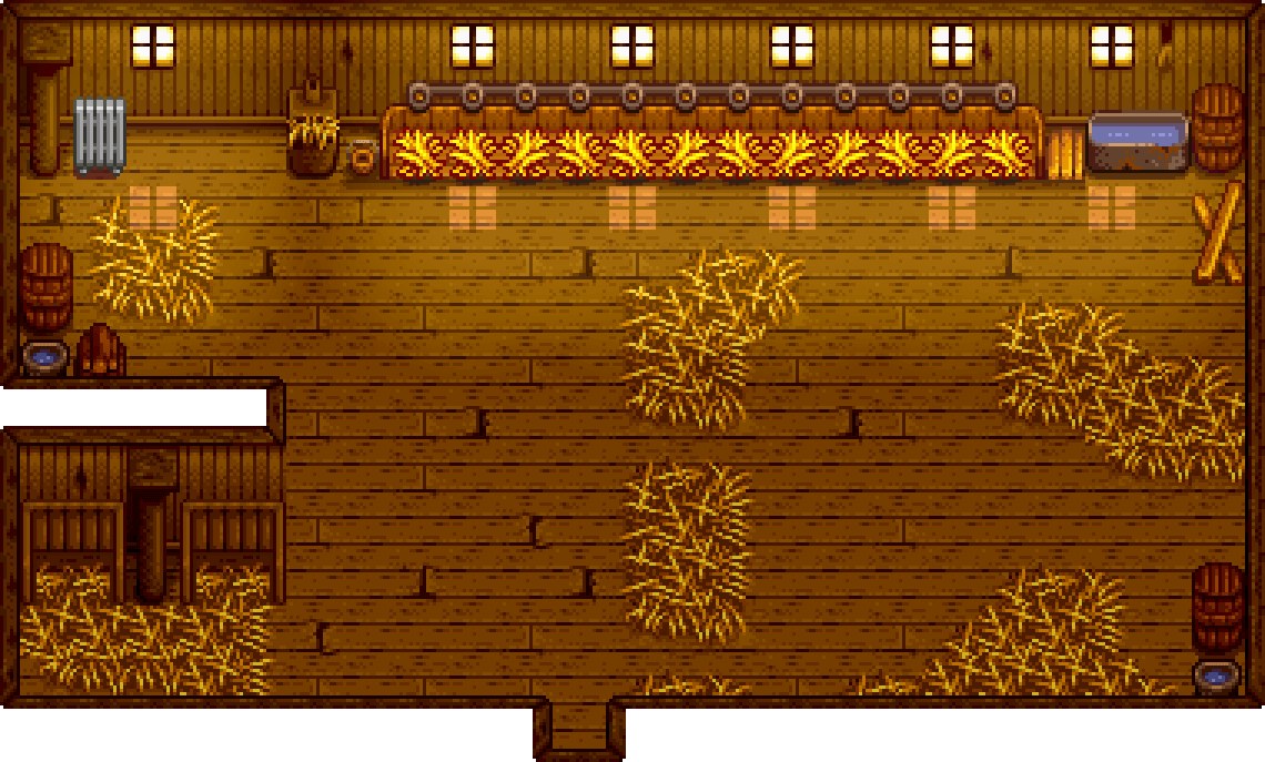 O interior de um Barn (Deluxe) — é aqui que vivem cows, goats, pigs e sheep